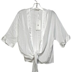 Milio Milano Blouse Satin Trim White Kimono Sleeve Tie Front Made in Italy S